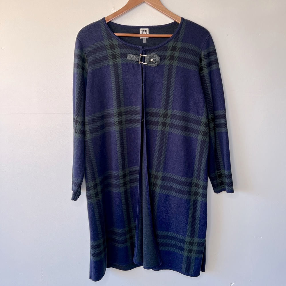 Anne Klein Tartan Plaid Knit Buckle Cardigan, XL